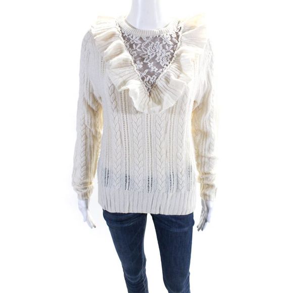 Nightcap Clothing Womens Lace Trim Ruffled Cable Knit Sweater White Wool Size 1 - Picture 1 of 6
